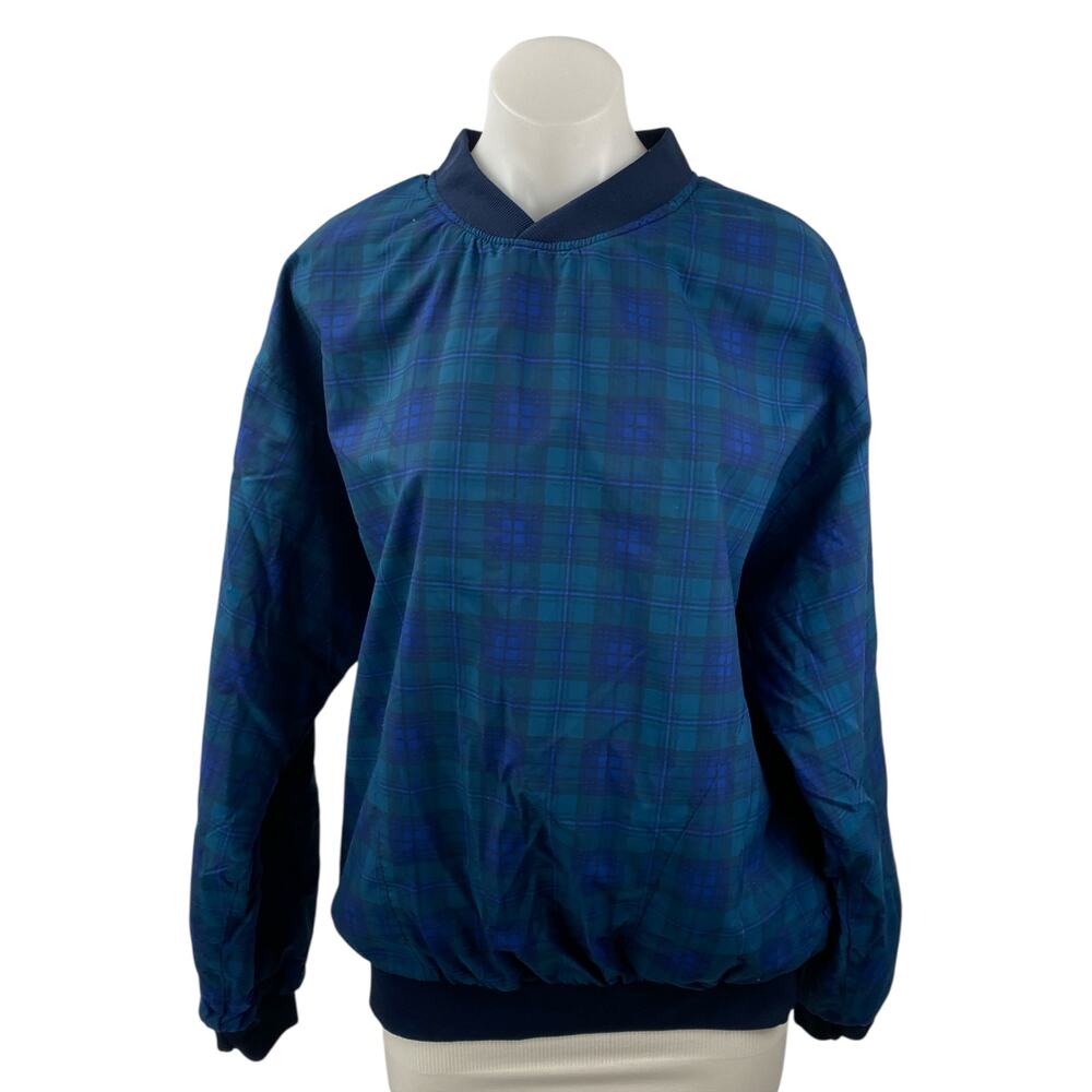 Turfer Women's Blue Plaid Check Long Sleeve Windbreaker Bomber Coat Jacket Sz M